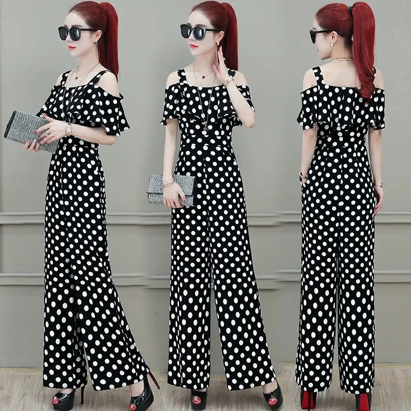Donne coreane in chiffon onda punto pantaloni a gamba larga 2025 moda femminile pagliaccetti a maniche corte estate signore bretelle allentate tute