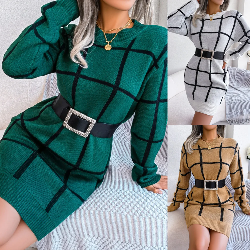 

Dress for Women Autumn and Winter Fashion New Casual Color-Collision Plaid Long Sleeve Casual Sweater Dresses