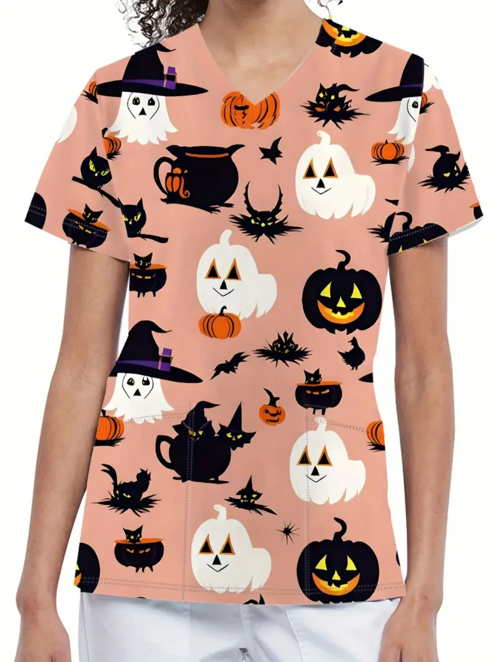 Uniforme chirurgical d'halloween pour femmes, motifs de citrouille, imprimé heureux, col en v, soins infirmiers, cadeau pour uniforme clinique du personnel médical