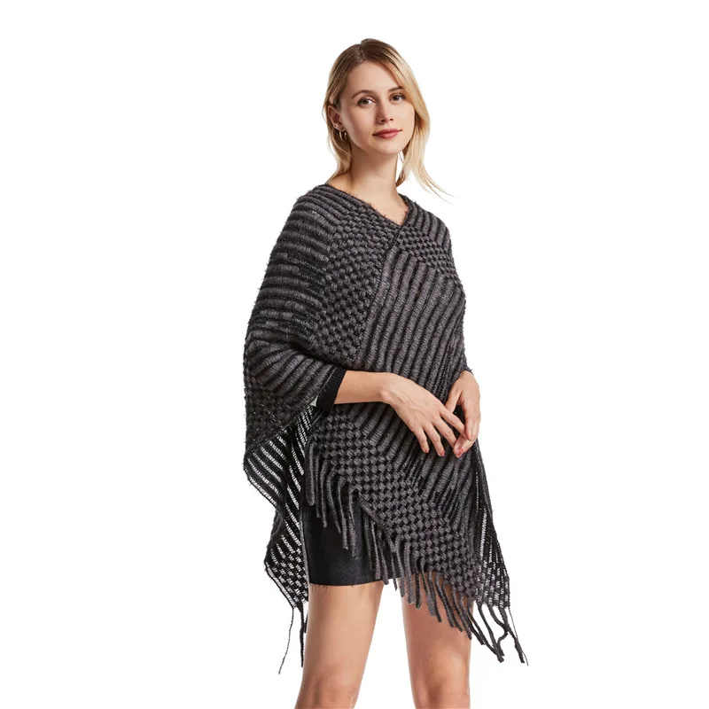 

Spring Autumn New V-neck Diamond Stripe Tassel Cloak Female Sweater Women Knitting Poncho Cape Pullover Shawl