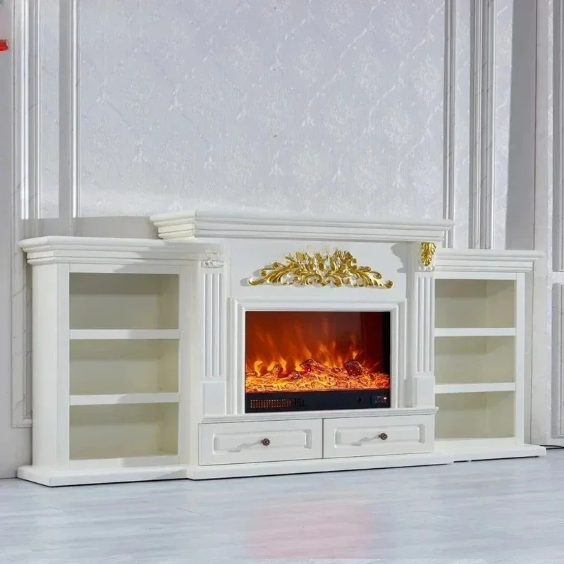 European-Style TV Cabinet with Fireplace Mantel and Storage Sideboard, Decorative LED Fireplace Heater