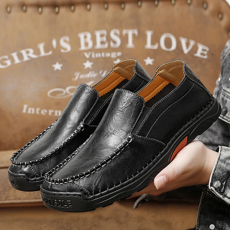 

Retro Genuine Leather Handmade Slip On Causal Shoes Men Big Size 38-47 Moccasins Loafers Male Non-Slip Comfortable Walking Shoes