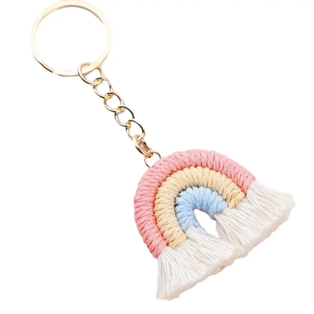 Fashion Three Color Rainbow Key Chain Pretty Tassels Pendant Knitted Rainbow Keychain Sweet Cute Handmade Woven Key Ring Women