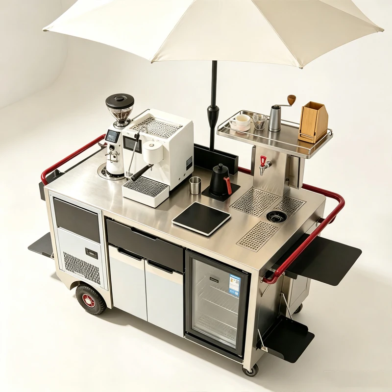 Street Mobile Coffee Trolley Stainless Steel Coffee Cart With Umbrella For Pop Up Coffee Shop Customized