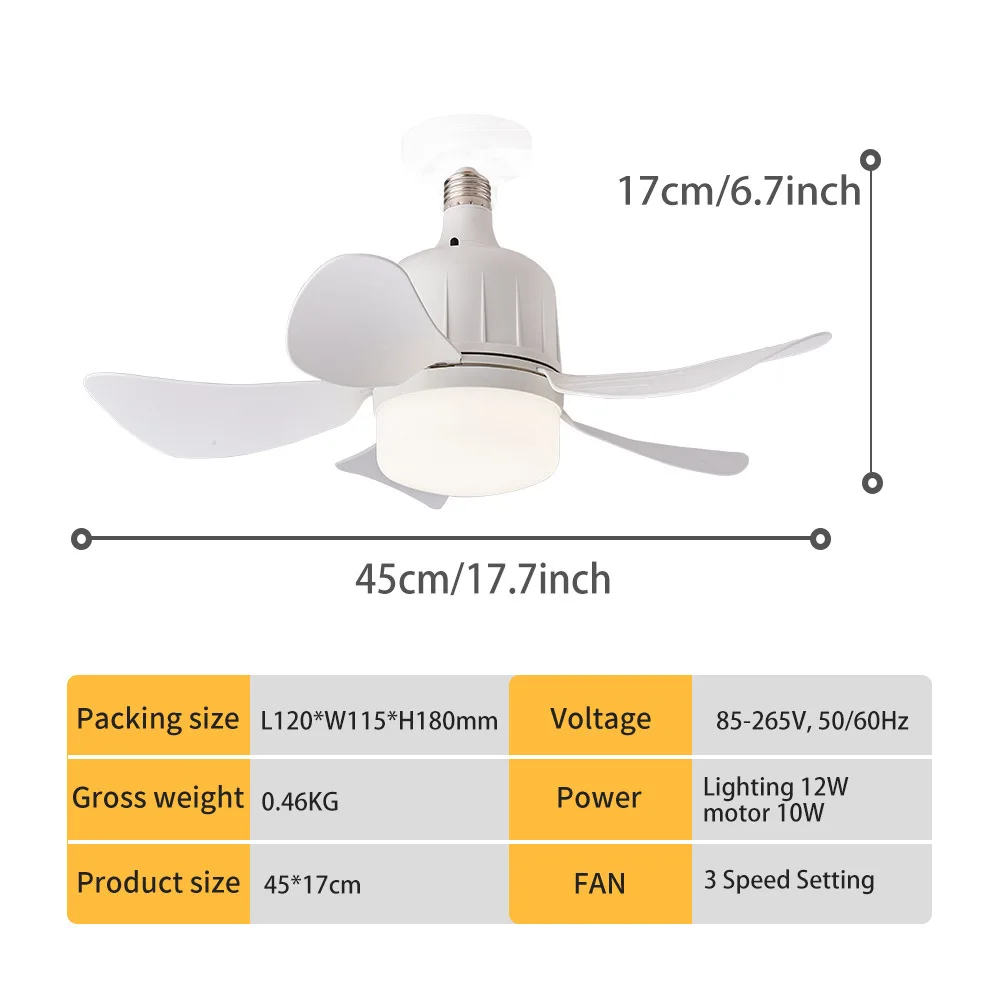 Socket Fan Lamp E27 Base Wireless Remote Control LED Bulb Ceiling Fan Replacement for Bedroom Living Room Kitchen Balcony