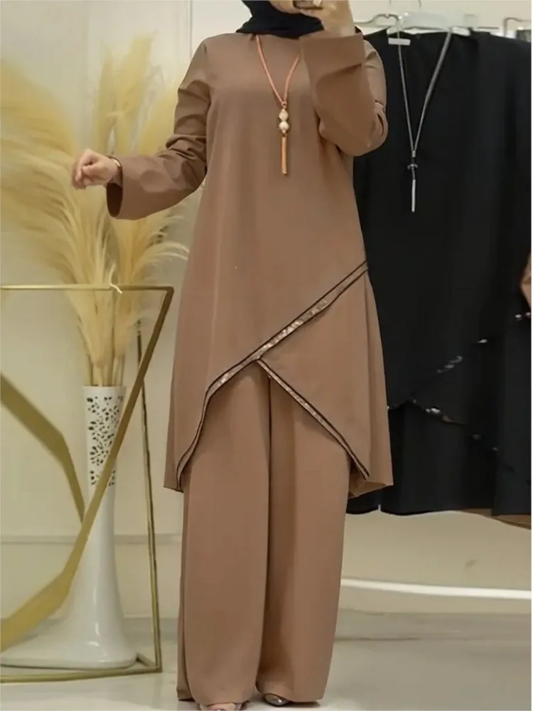 

Muslim Two Piece Women's Long Sleeve Shirt Wide Leg Pants Plain Robe Set 2026 Fashion Casual Solid Color Sportswear Female