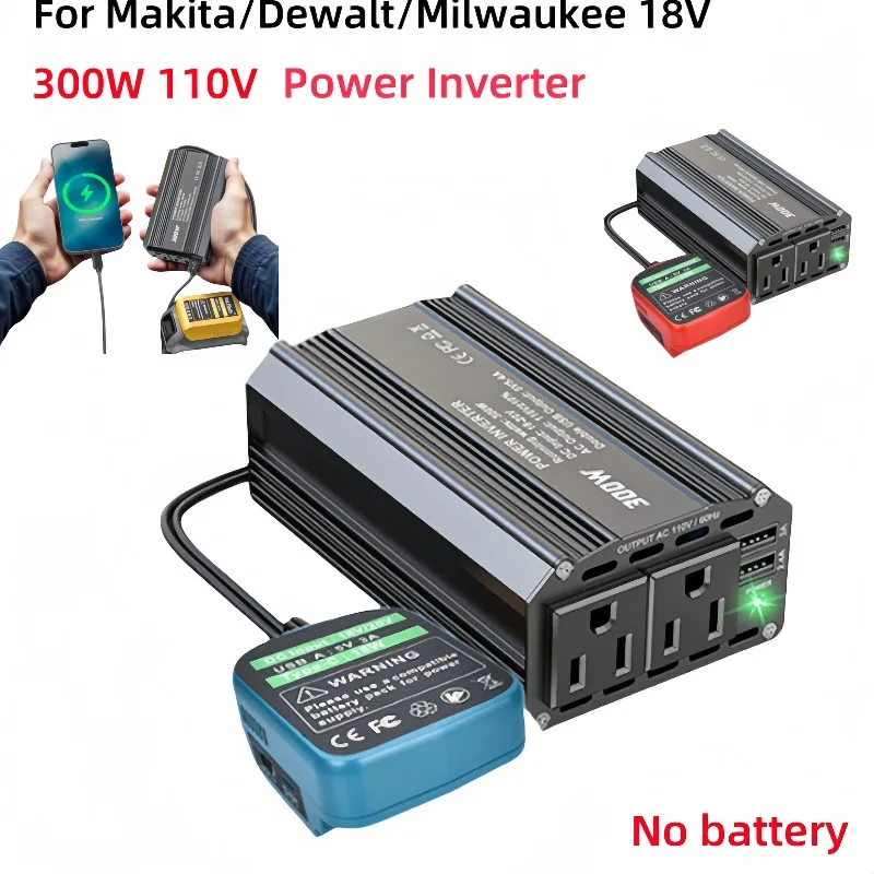 

New 300W Power Inverter AC110V/DC18V for Makita/Dewalt/Milwaukee 18V Li-ion Battery with 2 AC Outlets 3 USB-A, 1 USB-C Ports