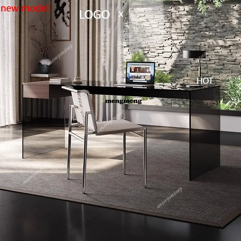 

H132 Italian desks Modern light luxury tempered glass suspended table office desks and workstations room l shaped Computer desk