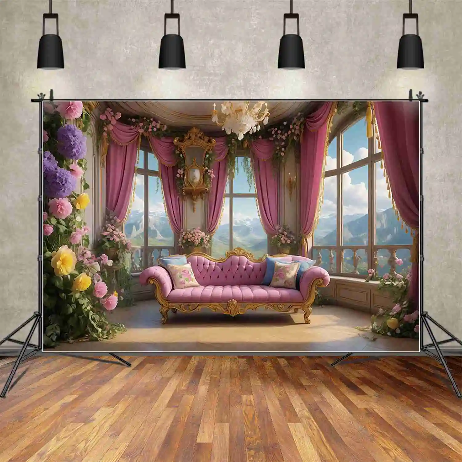 MOON.QG Castle Sofa Princess Birthday Backgrounds Women Pink Curtain Floral Flower Garland Backdrop Custom Party Photocall Props