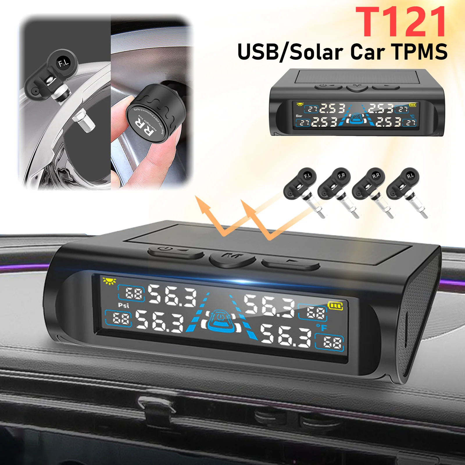 T121 USB/Solar TPMS Car Tyre Monitor with 4 External Temperature Sensors Digital LCD Display 0-6.8Bar Tire Pressure Gauge