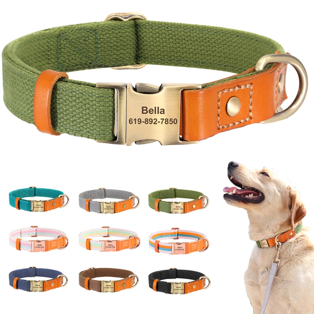 Personalized Nylon Dog Collar Leather Dogs Collars Free Engraved Pet ID Name Buckle Necklace Anti-lost For Small Large Dogs Pug