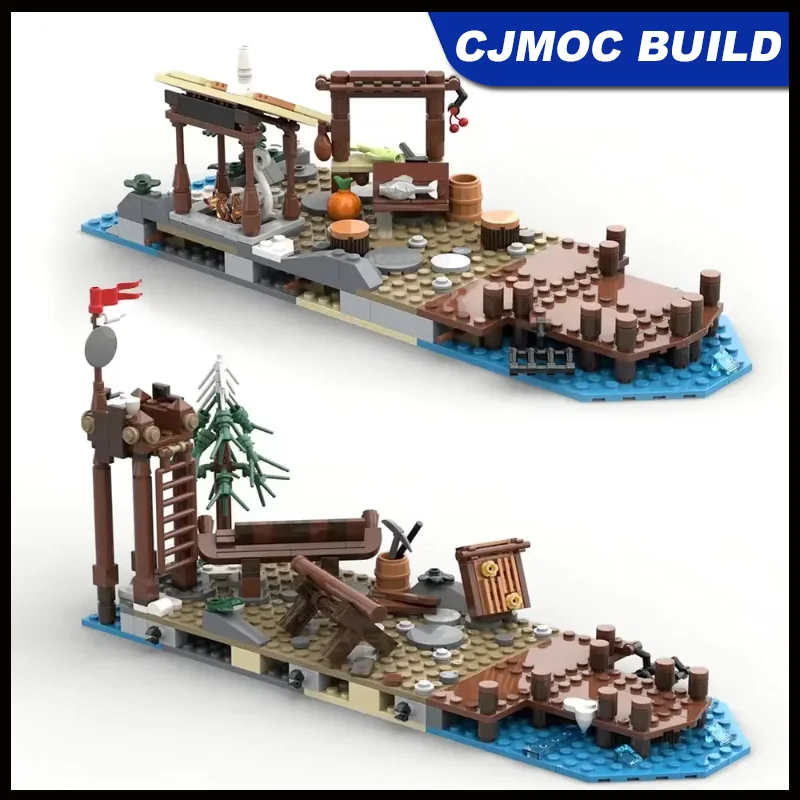 586pcs MOC Viking Village Medieval Pirate Ship MOC-21343 Extension Set Architectural Building Block Model Collection Toy