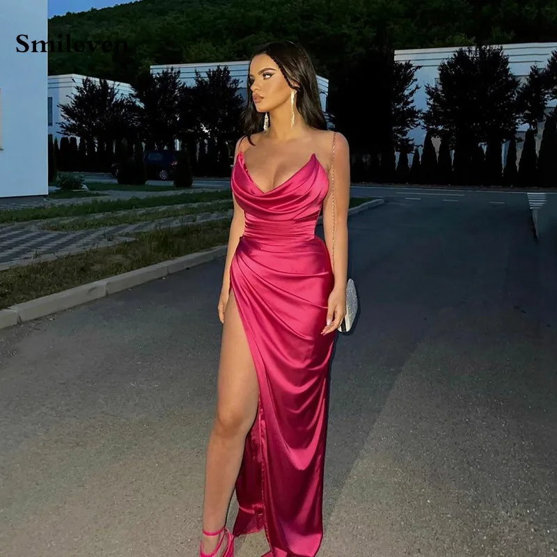 

Smileven Hot Pink Pleats Formal Evening Dress Strapless V Neck Prom Dresses High Side Split Celebrity Party Gowns 2022