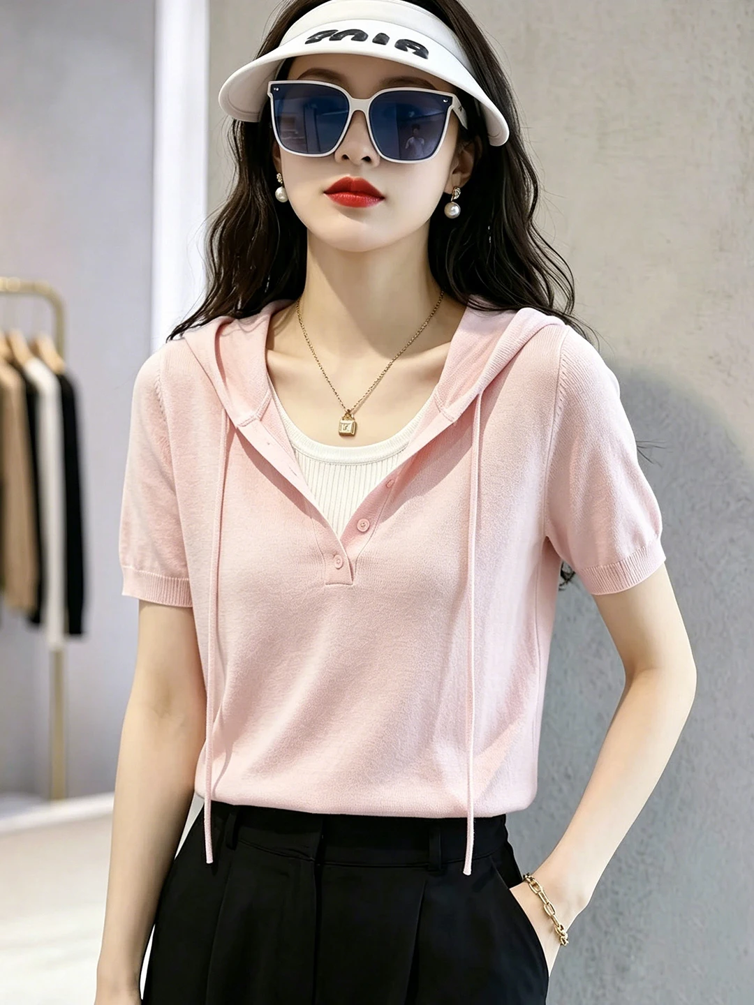 Korean Style Hooded Knitwear Simple Short Sleeve Overhead Design Summer Fashionable Sun Protection Top Women's Commute Wear