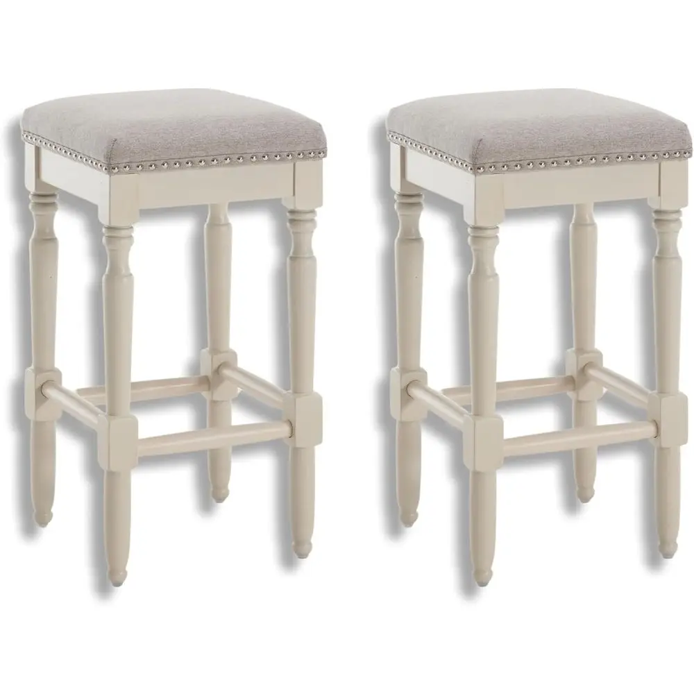 

Барные стулья без спинки, комплект из 2 штук, с обивкой, на деревянных ножках, серо-белые ножки, в деревенском стиле, без спинки