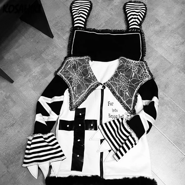 KOSAHIKI Gothic Jackets Women Striped Lace Patchwork Y2k Aesthetic Grunge Coats Harajuku  Loose Punk Streetwear Jacket