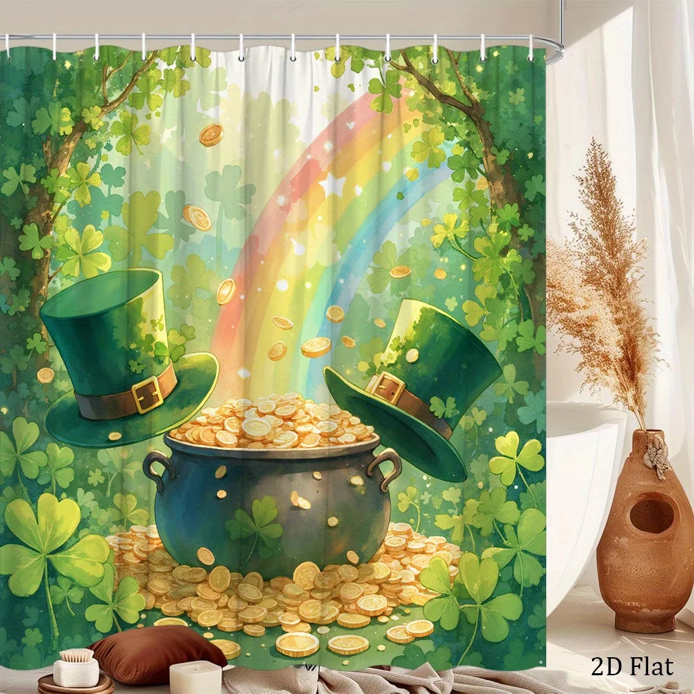 1pc St. Patrick's Day Polyester Shower Curtain, 70x70 inches, Washable with 12 Hooks, Leprechaun & Rainbow Design, Fashion Bathr