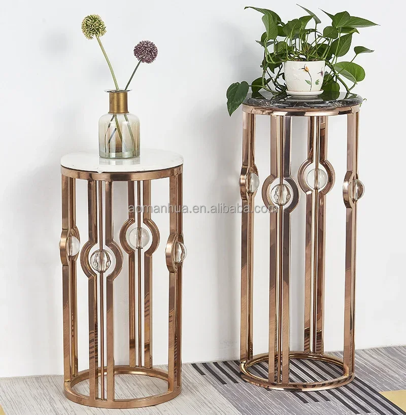 

Vintage Floor Stand Flower Pot Shelf Stainless Steel Base Flower Display Rack Marble Top Round Shape Plant Stand