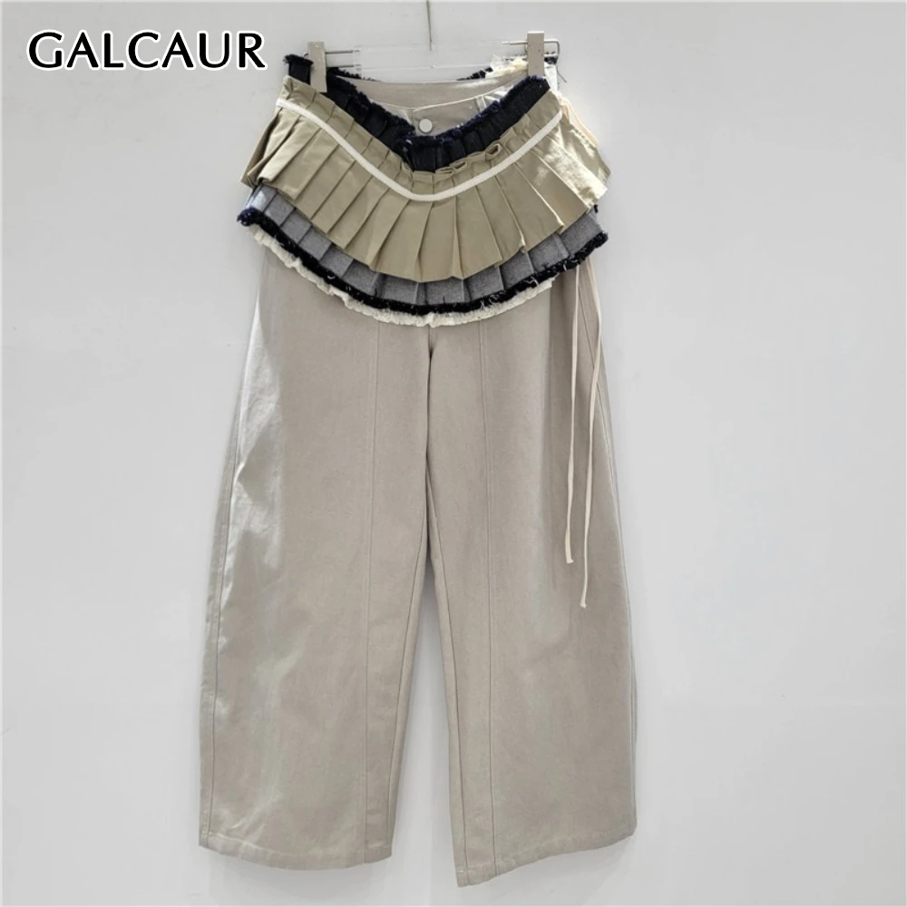 

GALCAUR Khakl Spliced Pleated Two Piece Set Female High Waist Short Skirt Loose Casual Women's Trousers Sets Style Fashion New