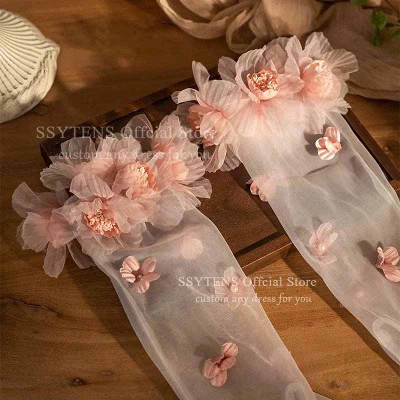 قفازات زفاف طويلة من التول الأبيض الوردي الحلو حالمة جديدة - إكسسوارات فستان سهرة أنيقة لحفلات الزفاف لوصيفة العروس #3