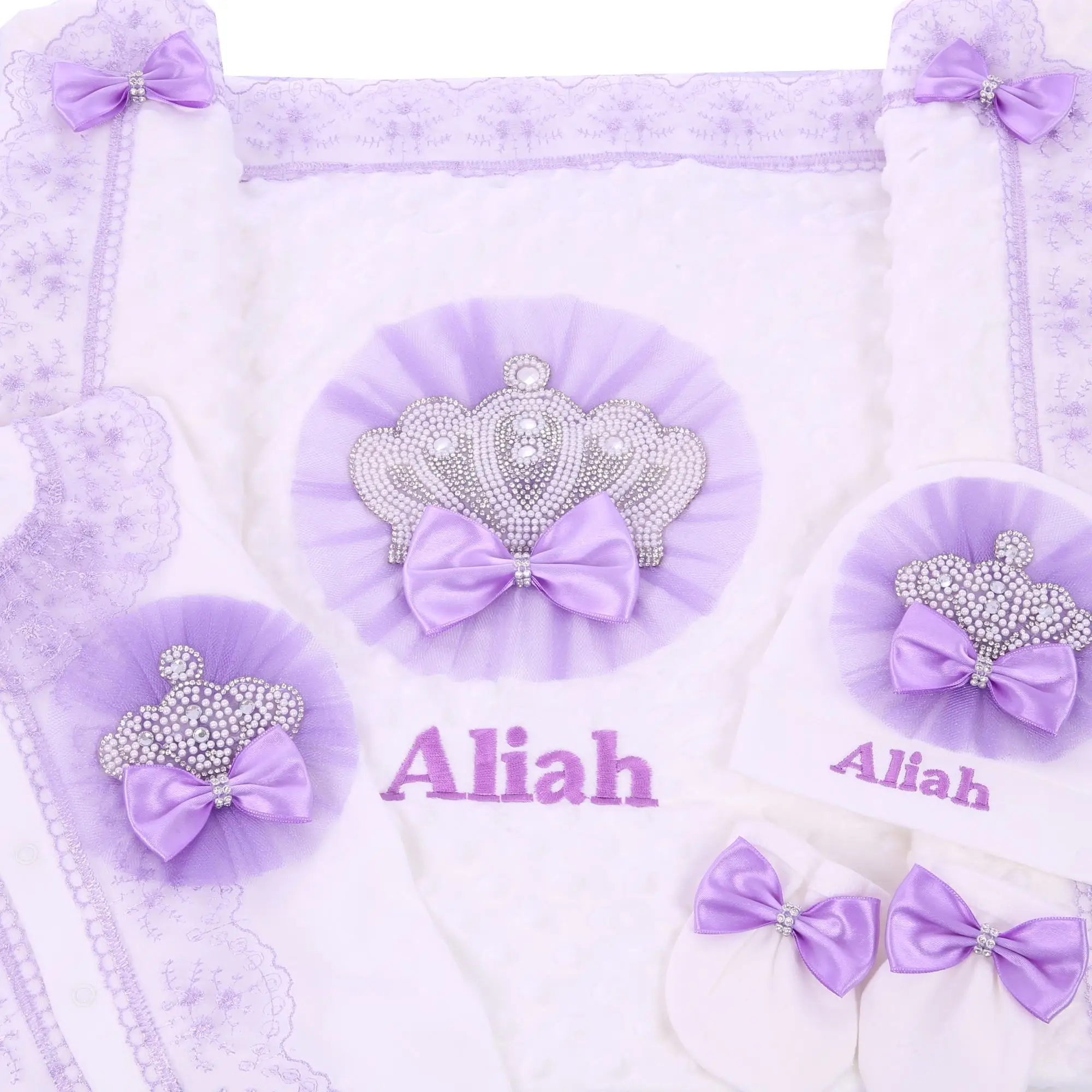 Cherished Personalized Baby Girl 4Pcs Layette Set Purple Crown Lace Romper Blanket Hat Gloves Newborn Princess Outfit