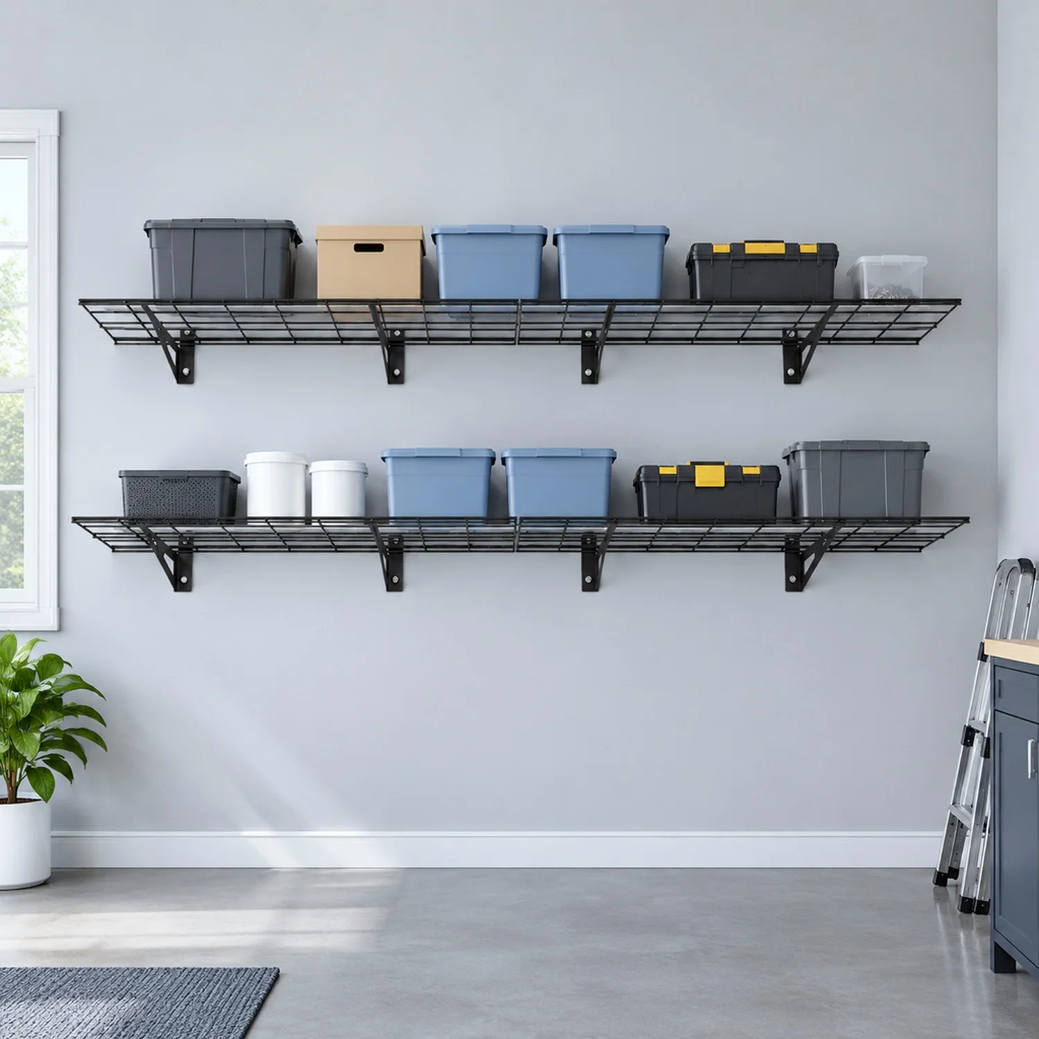 2-Tier Heavy Duty Wall Garage Shelving, 4 Pack 1 x 3 ft Steel Mounted Unit, 12 x 72 Inch Per Shelf Floating Storage Metal Rack