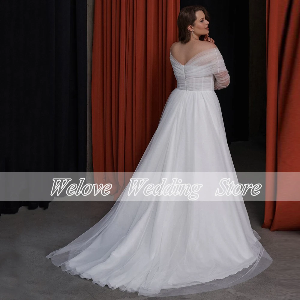 Vestidos de novia de talla grande, Vestido de novia de tul barato, línea A, hombros descubiertos, mangas largas, tren de barrido, Vestido de verano Formal personalizado, 2024