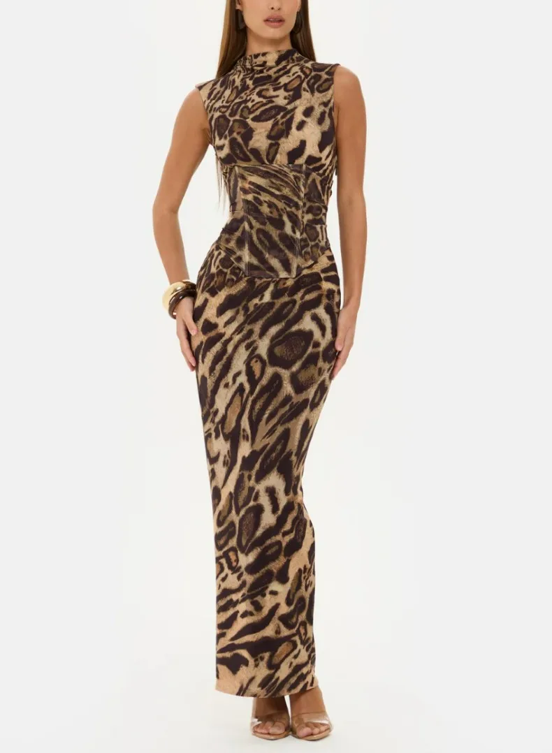 Leopardenmuster Tailliertes Slim-Fit-Kleid für Damen Zweiteiliges Set für Urlaub, Abendessen, Geburtstagsfeier Elegantes Damenkleid – Detail 5