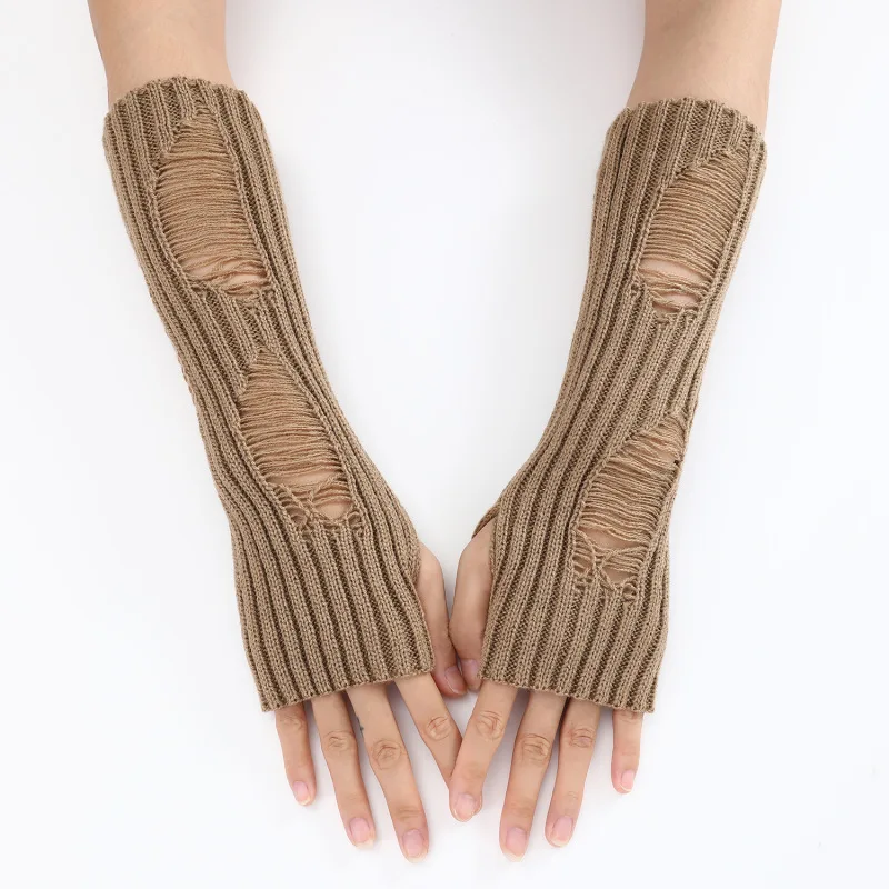 Women Fashion Personality Holes Hollow Knitted Woolen Long Sleeves Gloves Autumn Winter Keep Warm Windproof Soft Solid