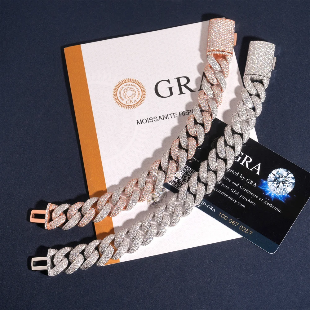 

15mm Icedminer VVS Bubble Moissanite Cuban Link Chain Iced Out Bracelets For Men Women S925 Silver Choker Pass Tester Hip Hop