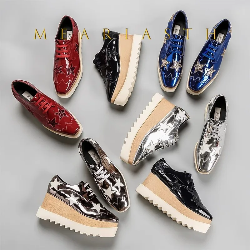 

2024 Autumn Star Shoes Women's wedge Casual Shoes Thick Bottom Sponge Tie-up High Heel Square Toe Platform Rubber Upper
