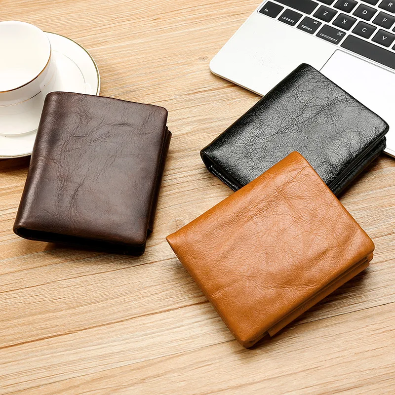 

Genuine Leather Men Short Wallet Vintage Male Purse RFID Blocking Zipper Coin Pocket Function Trifold Wallets with Card Holder