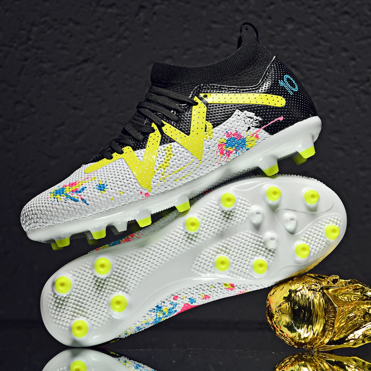 

AG FG Long Studs Football Boots PU Fabric Splicing Upper TPU High Grip Sole Durable Kids Teenager Outdoor Match Footwear