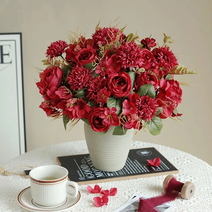 

1PC Artificial Roses Flowers Home Room Decor Wedding Party Bridal Bouquet Garden Pretty Silk Peonies Hydrangeas Autumn Ornaments