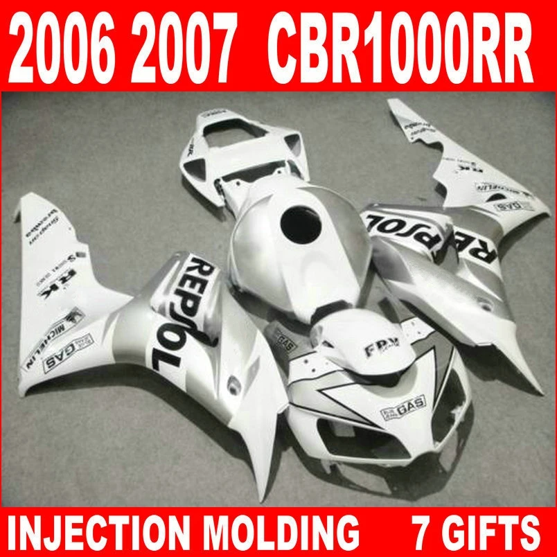 Hot sale injection mold for HONDA cbr 1000 rr 2006 2007 fairings CBR1000RR 06 07 white black silvery fairing kit OB864