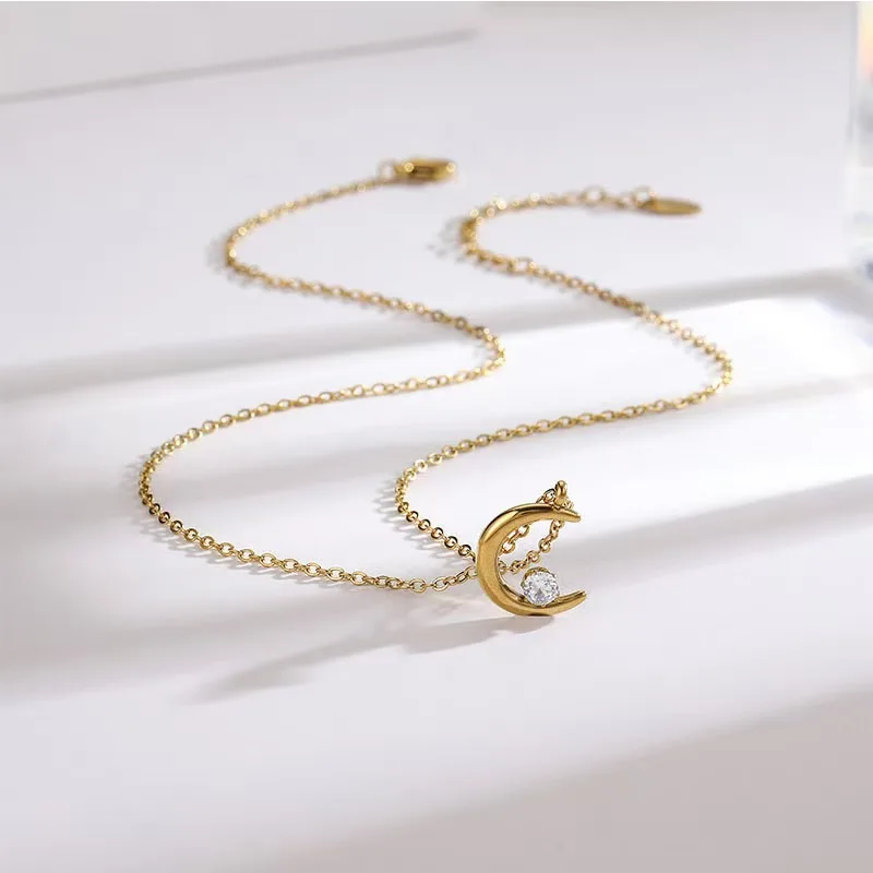 

Moon & Solitaire Pendant Necklace, 18K Gold Titanium Steel Minimalist Choker for Women, Delicate Collarbone Chain