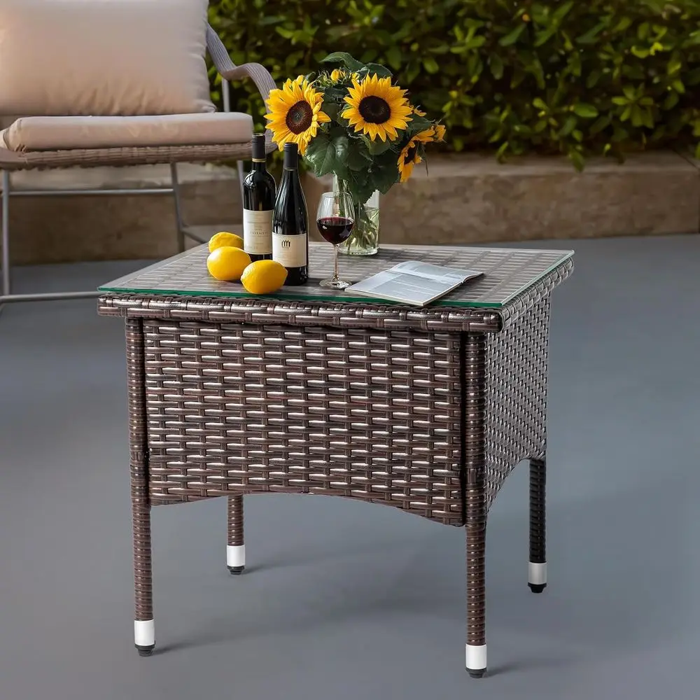 

20" Patio Coee Table, Glass Tabletop Square Side Table, Waterproo & Rustproo, Adjustable eet, Elegant Brown Outdoor Table or Gar