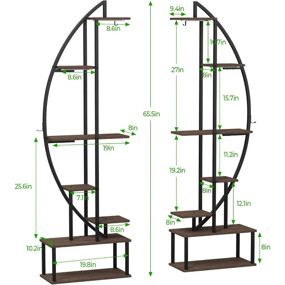 Indoor Plant Rack with Hooks, Plant Rack with Growth Lights, 2 Half Moon Shaped Plant Racks, 65 in