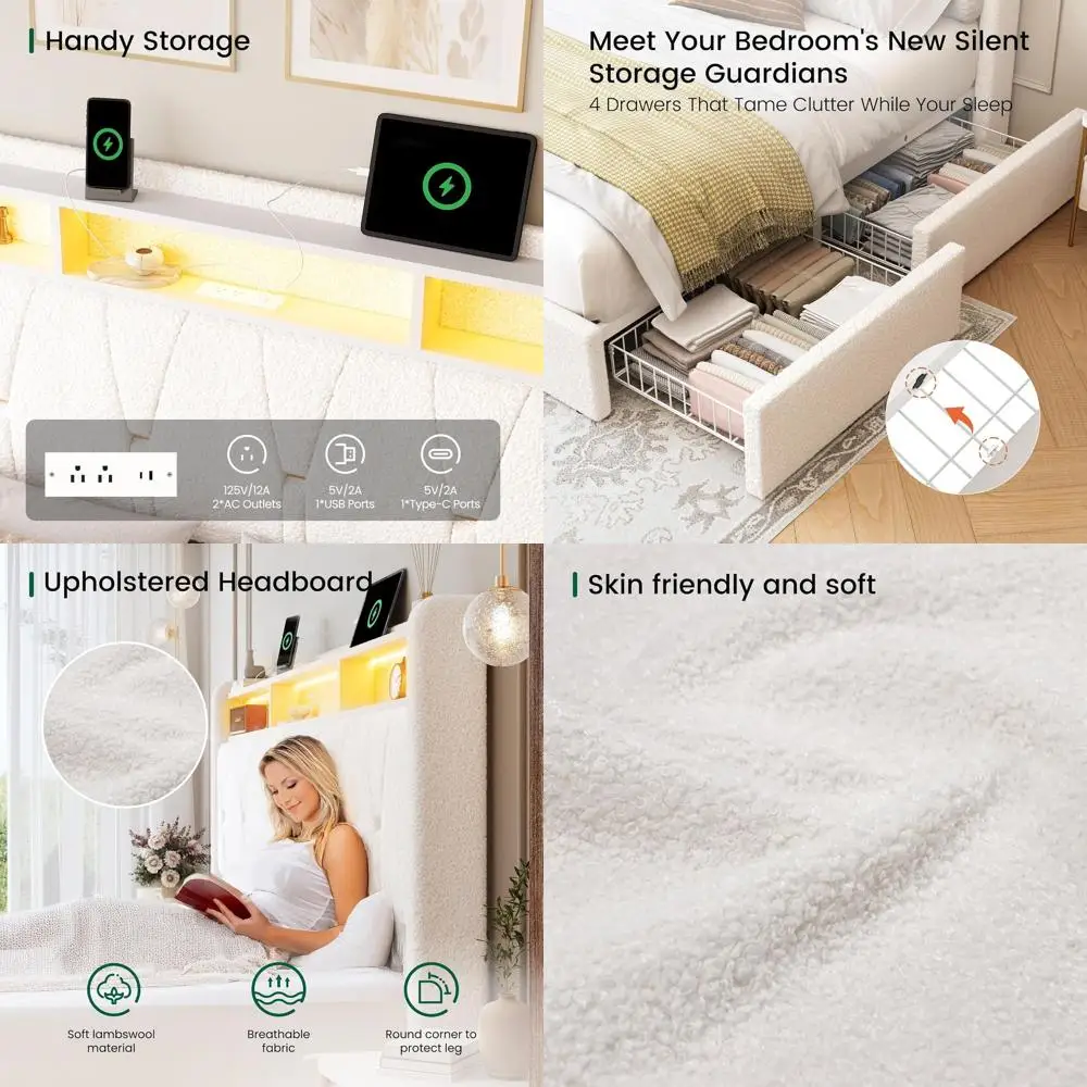 

Кровать King Size с 4 ящиками для хранения, мягкой обивкой, LED-подсветкой и зарядкой, простая сборка, без пружинного блока, белая