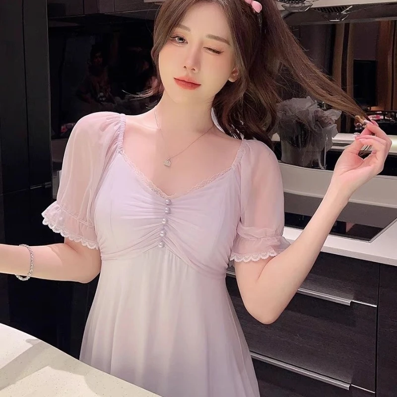 Summer Sexy Mesh Nightgown Princess Sleepwear Nightwear Women Fairy Modal V Neck Night Dress Sweet Lace Short Sleeve Nightdress