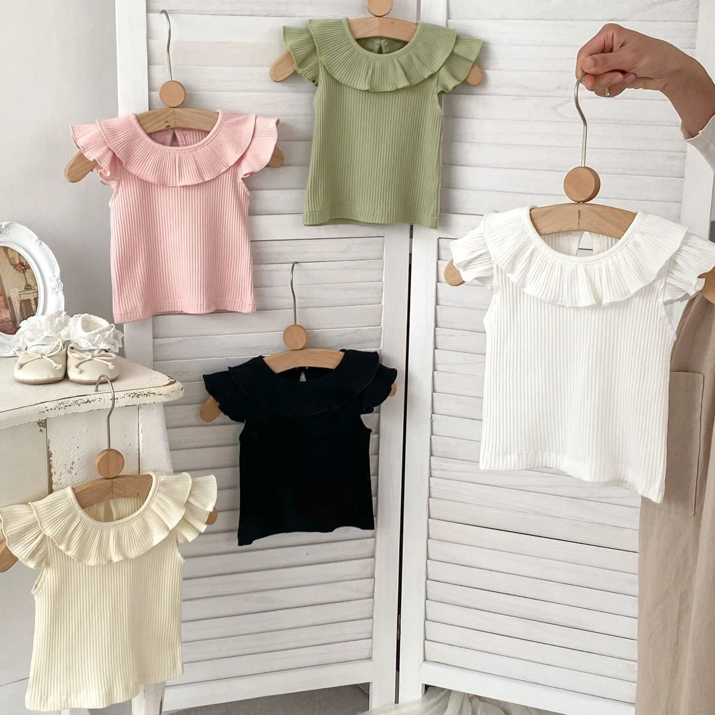 Summer New Top Lotus Leaf Neck Doll Shirt  Solid Color Pit Strip Thin T-shirt