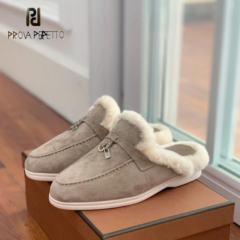 Metal Lock Half Slippers Women Sheepskin Suede Wool Warm Autumn Winter Slip on Women Mules Round Toe Casual Slides Women Shoe