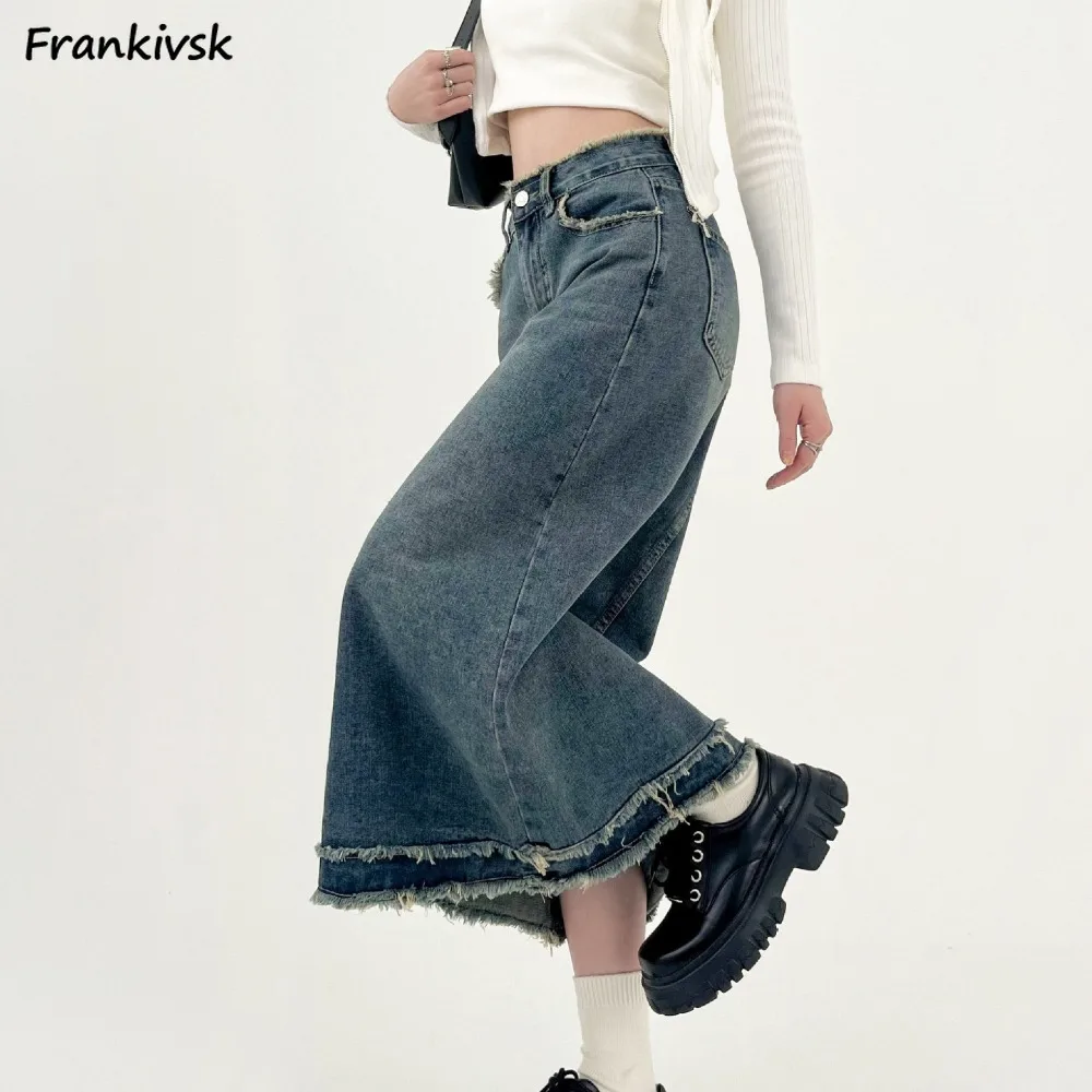 

S-5XL Skirts Women Denim Frayed Fashion American Retro Casual Solid Slit Spring Y2k Student Temperament Empire Faldasl Daily New