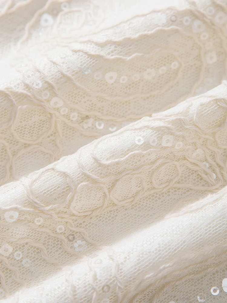 فستان صيفي فرنسي أنيق للصناعة الثقيلة مطرز بالترتر ورقبة دائرية بدون أكمام فستان قصير فضفاض مستقيم من الدانتيل للنساء