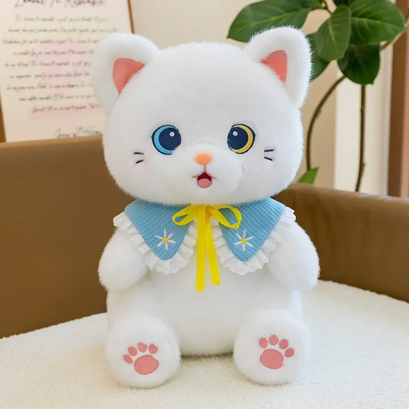 Kawaii Cartoon Cat Plush Doll With Lace Bib Bow Tie Shawl Cute Healing Kitten Soft Stuffed Toy Home Decor Birthday Gift For Girl