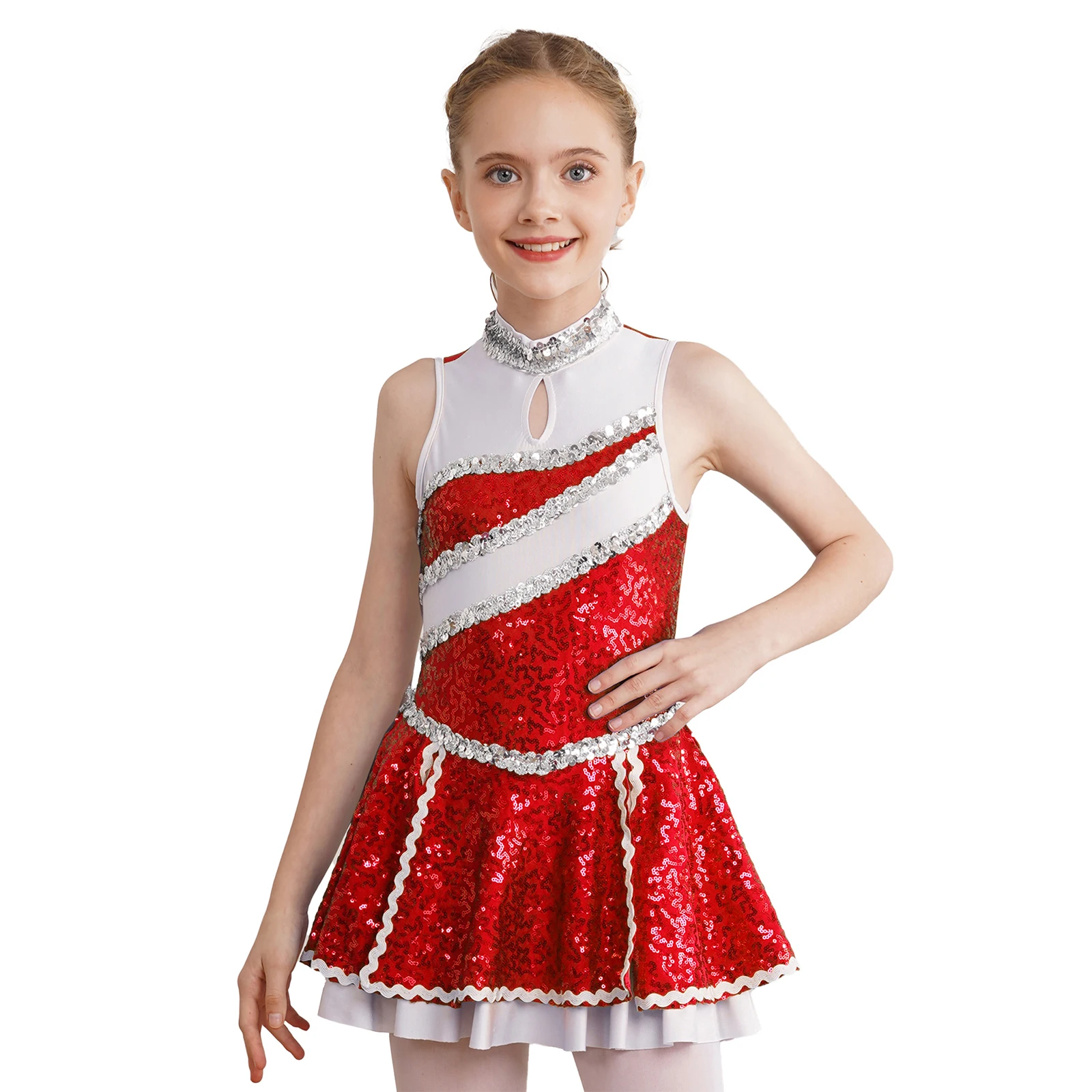 Vestido de baile de uniforme de porristas para niñas, vestido de baile sin mangas, lentejuelas brillantes decoradas, estilo Patchwork, cremallera