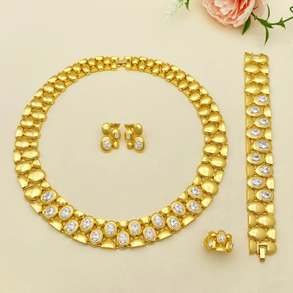 

African Women's Gold Plated Jewelry Set with Artificial Zircon Necklace Earrings Bracelet Ring Simple Luxury Accessories