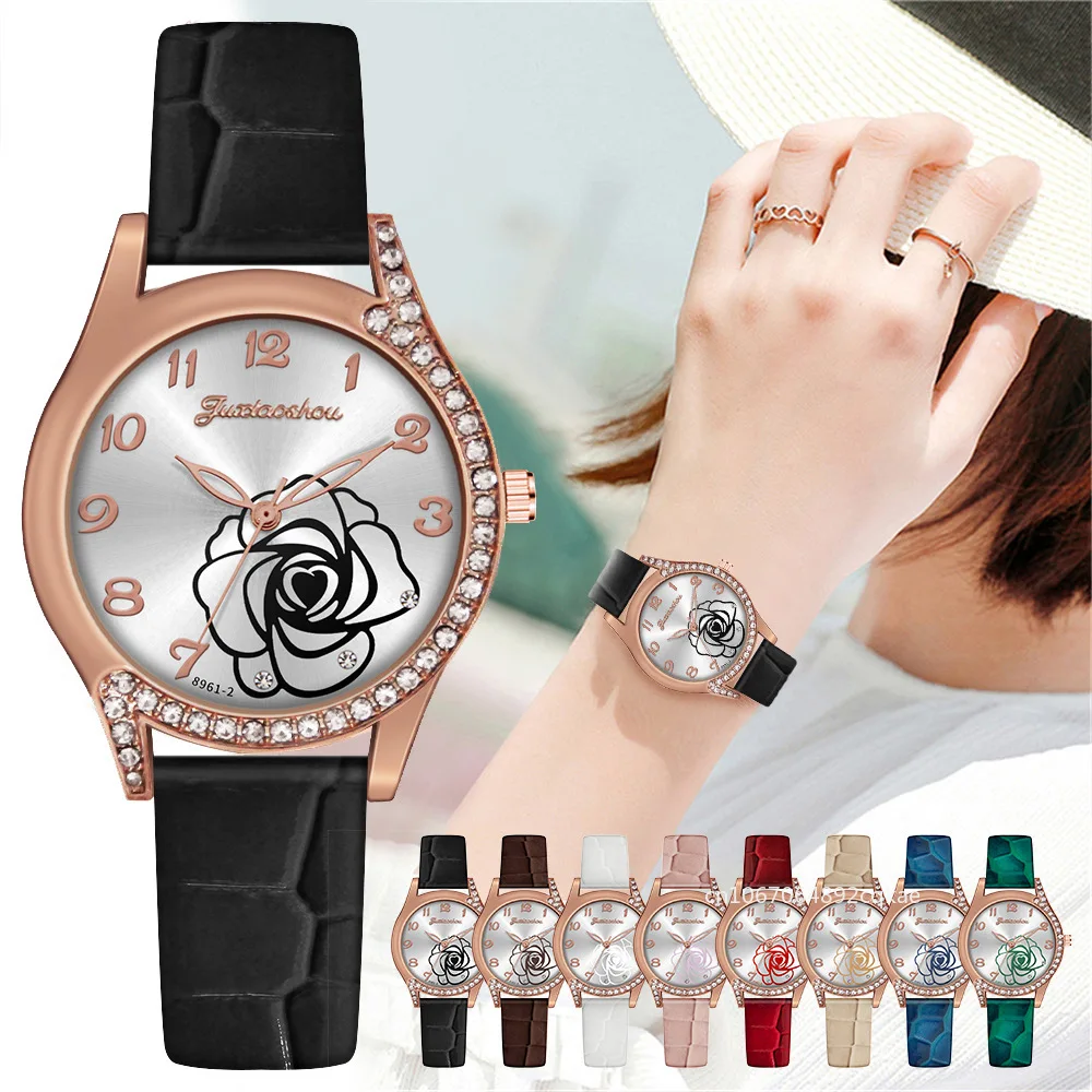 

Fashion Women Rose Watch Ladies Diamond Digital Dial Wrist Watches Leather Strap Elegant Wristwatch Relogio Feminino Clock Gift