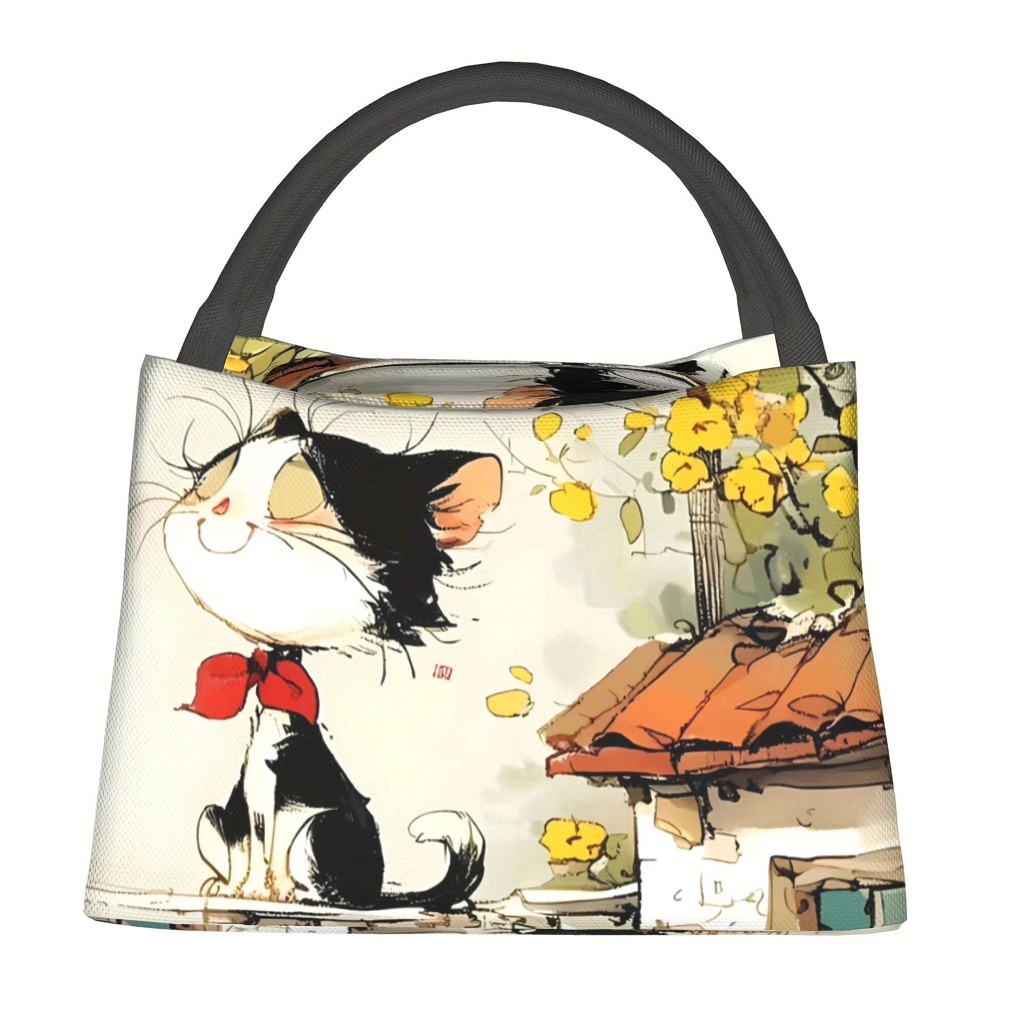 1pc Insulated Lunch Bag With Elegant Kitten Pattern - Portable Reusable Cooler Tote For Camping, Beach, Office & Home