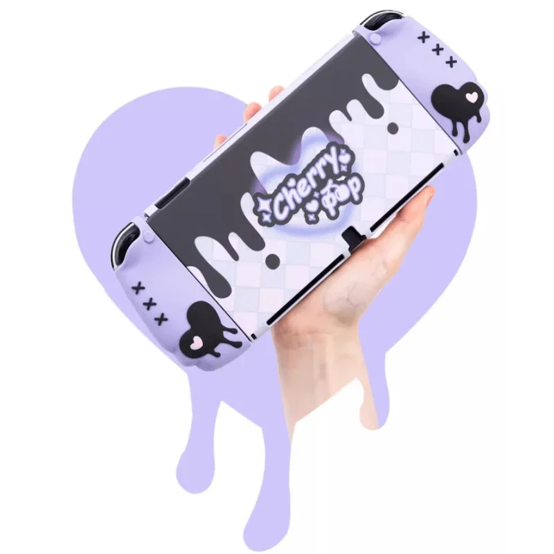 GeekShare Custodia protettiva in silicone Cherry Pop compatibile con Nintendo Switch/OLED, Cover JoyCon con 1 paio di impugnature per pollice viola